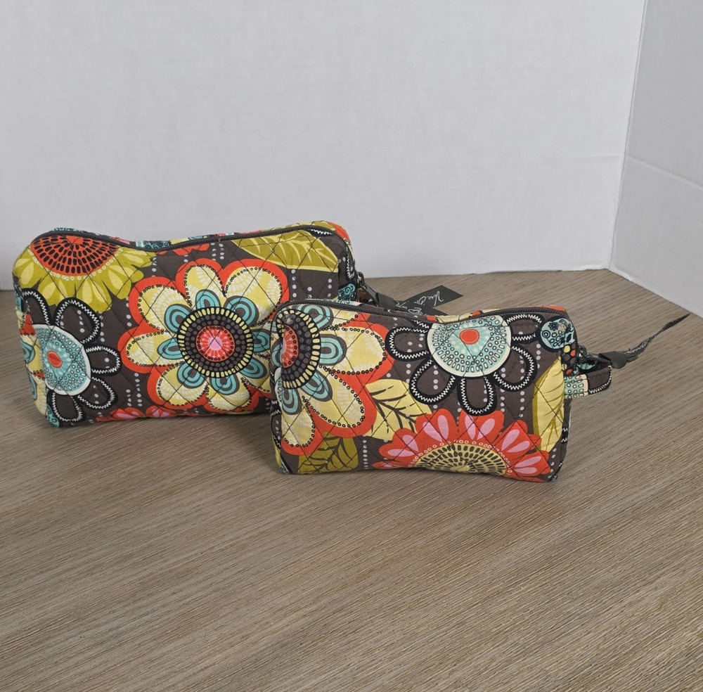 Vera Bradley Quilted Floral Sunflower Fabric Zip Makeup Bags Set of 2